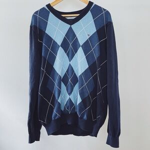 Tommy Hilfiger V-Neck Argyle Sweater - Navy and Light Blue